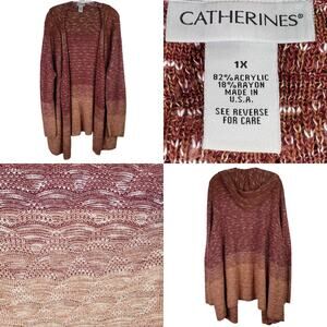 Catherines Cardigan Sweater Womens Size 1X Brown Neutral Tan LS Lightweight Hood